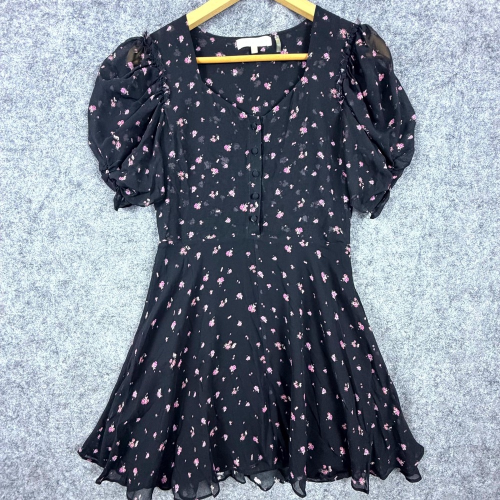 LoveShackFancy Mini Dress Womens XS Black Floral Georgette Puff Sleeve V Neck